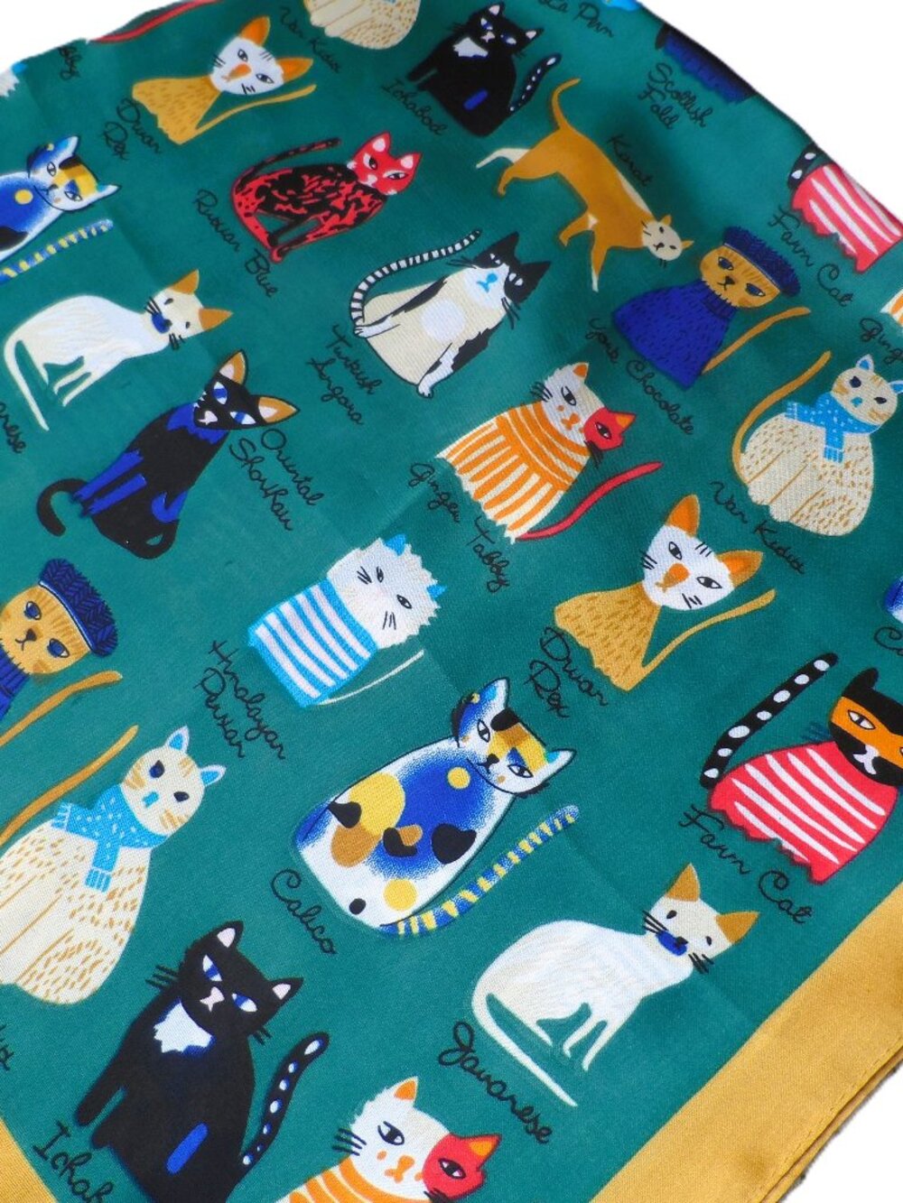 Cat print scarf NEW colorful with green background calico York ginger tabby cats